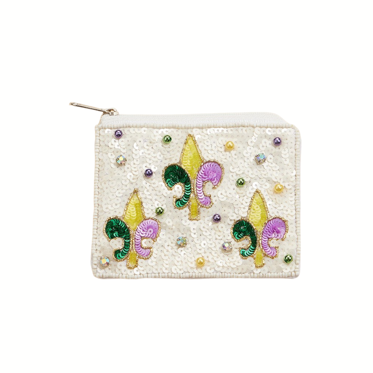 The Wona Trading Seed Bead Accented Mini Pouch Bag Assorted is a small white pouch with a zipper, adorned with colorful beads, sequins, and three fleur-de-lis designs—ideal as a charming coin pouch or gift.