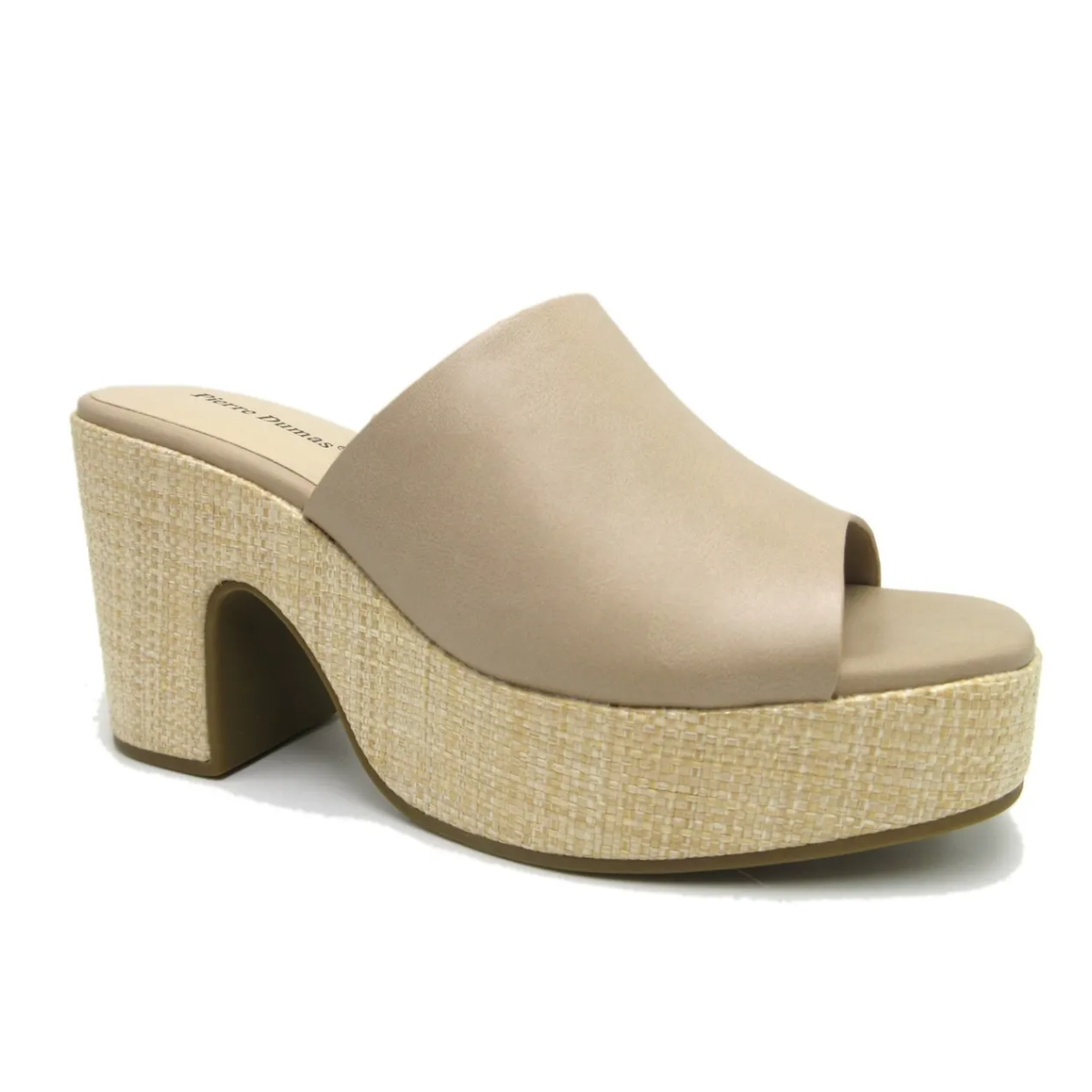 The Tayla-1 Platform Slide Heel Sandal in Nude by OLEM SHOE CORP features an open toe and thick heel with a textured raffia-style base and smooth upper strap. Its lightweight design makes it perfect for any occasion.
