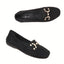 The Olem Aramis-13 Faux Suede Loafer in black features a gold buckle and subtle enamel chain detail, shown from top and side views on a white background. This slip-on design combines style with convenient wear.