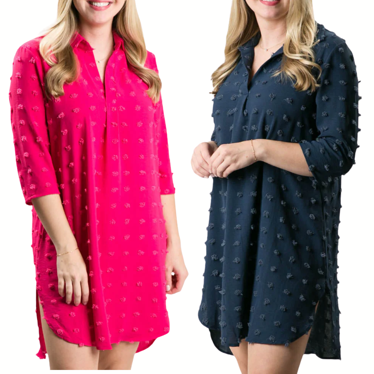 Two women wear the Top It Off Carmella Tunic Dress in bright pink and navy blue. Each long-sleeve dress features a collar, button-up neckline, and elegant swiss-dot pom detail for a refined look.