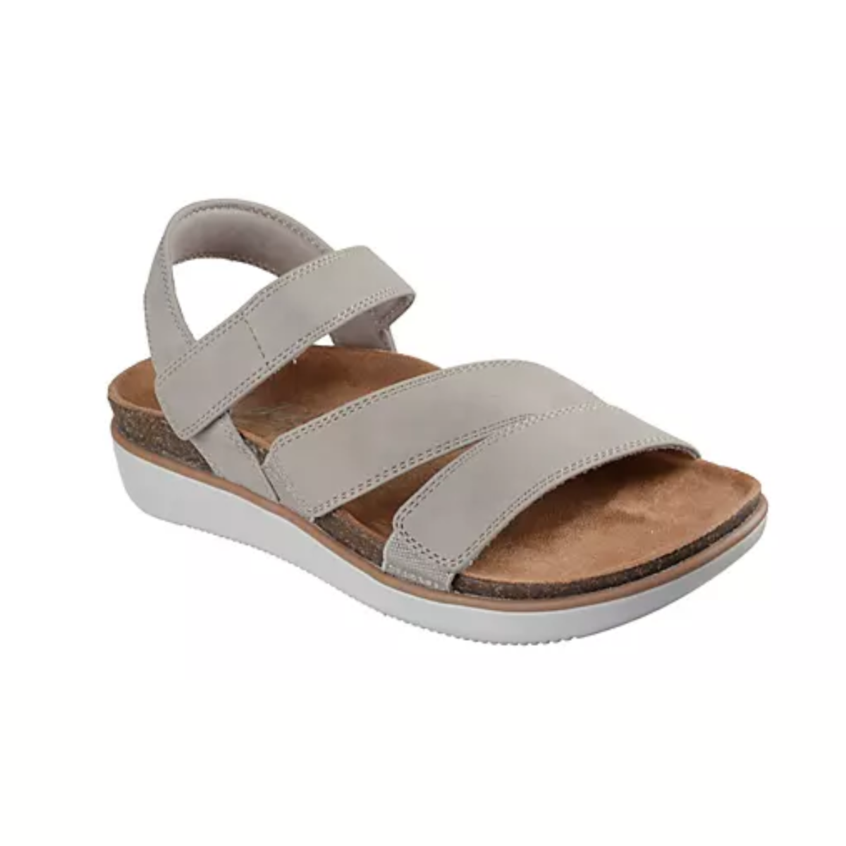 The SKECHERS USA INC Lifted Comfort in Taupe vegan sandal features three adjustable straps, a white sole, a cork-wrapped midsole, and a tan Memory Foam™ footbed for ultimate comfort.