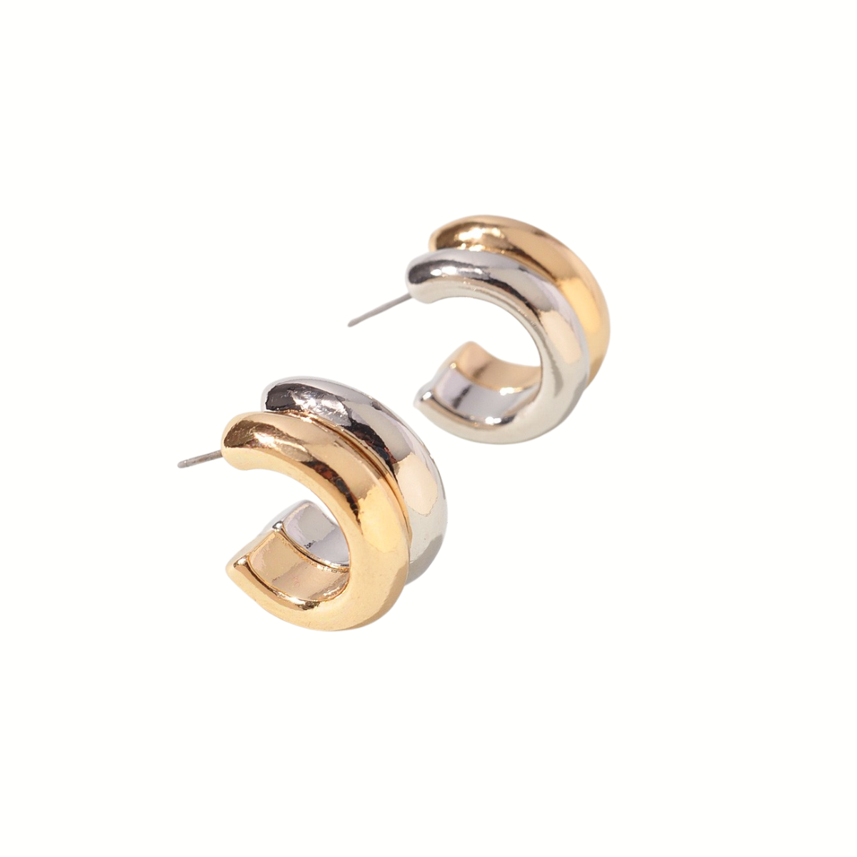FASHION GO's Chunky Two-Tone Hoop Earrings showcase a chic design with smooth, contrasting gold and silver tones. Each earring offers a secure post back closure, beautifully set against a white background.