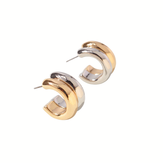 FASHION GO's Chunky Two-Tone Hoop Earrings showcase a chic design with smooth, contrasting gold and silver tones. Each earring offers a secure post back closure, beautifully set against a white background.