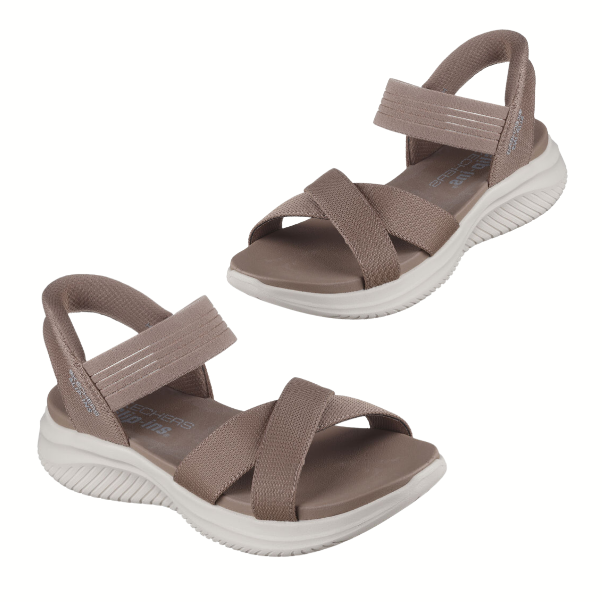 Experience comfort with SKECHERS Never Better Slip Ins Sandals in Taupe, featuring elastic straps and white soles. The Yoga Foam footbed offers cushioning, ideal for casual wear. Embrace the ease of Hands Free Slip-ins design for effortless steps.