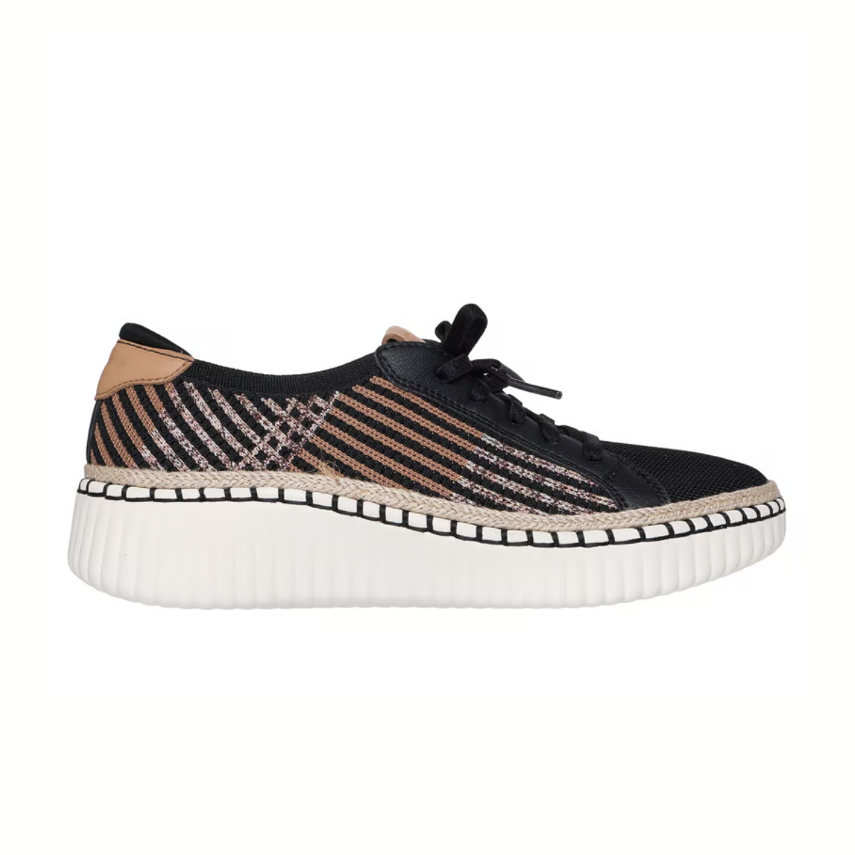 The SKECHERS Breezy Stroll Slip On Tennis Shoe in Black Combo features brown and white striped accents, a thick white ribbed sole, tan heel detail, and Air-Cooled Memory Foam for added comfort.