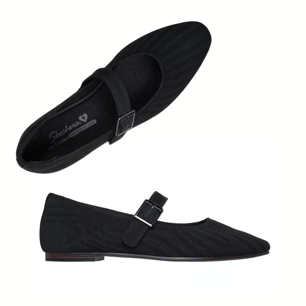Two views of the SKECHERS USA INC Cleo Snip Ballet Flat in Black, featuring a buckle strap, soft textured upper, and flat sole for comfort. Displayed from above and the side on a white background.