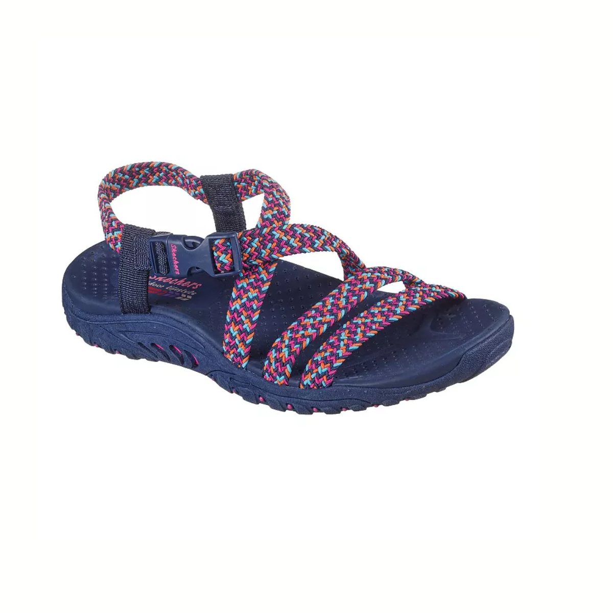 The SKECHERS Adore You Sandals in Navy Pink Combo have colorful woven straps and a rugged sole. With a comfort footbed and flexible rubber traction outsole, these sandals combine style and stability for your outdoor adventures.