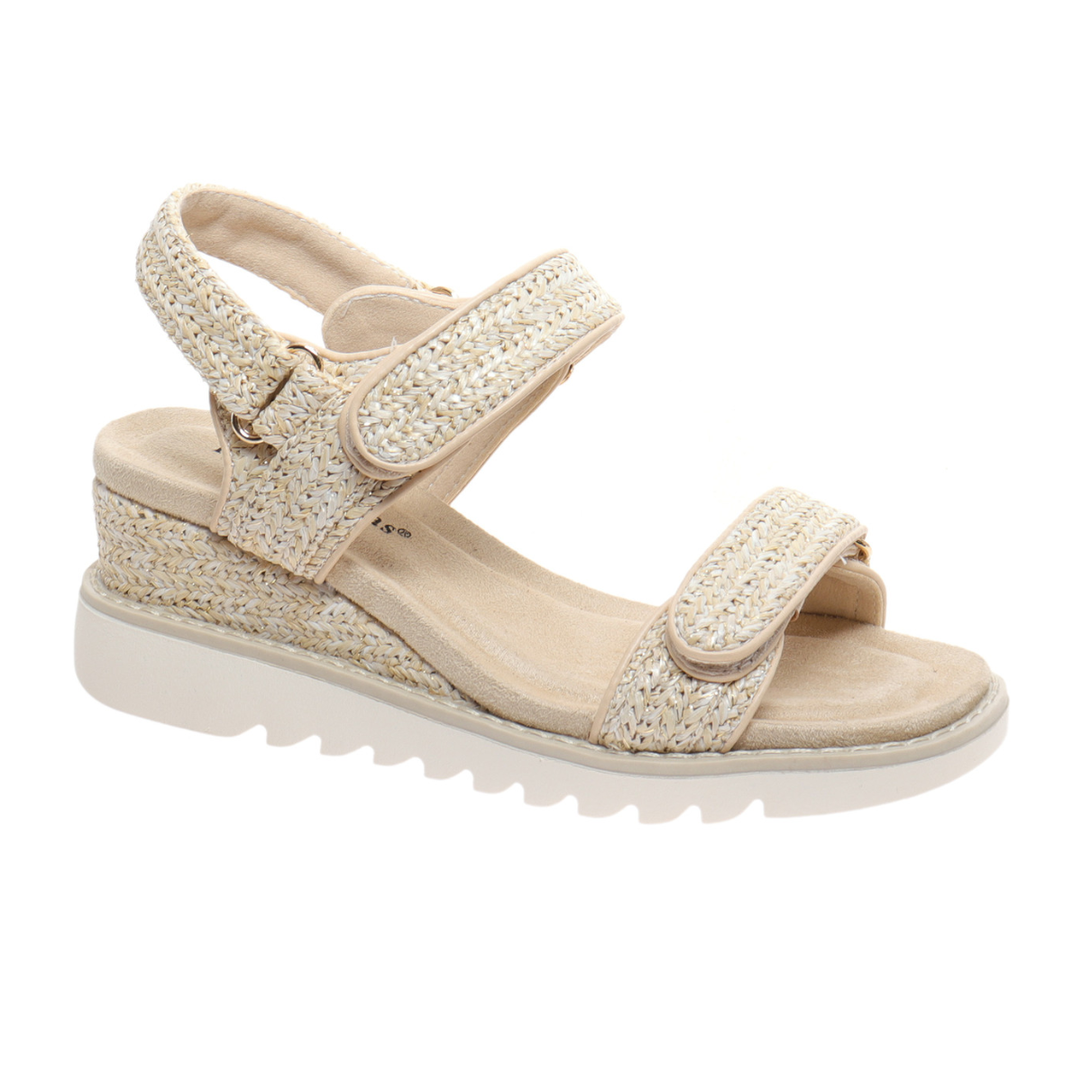 The Expand-3 in Gold Combo by Pierre Dumas features beige wedge sandals with two adjustable Velcro straps, woven texture, and a cushioned insole. A white sole adds a slight platform with a ridged design for style and comfort. Brand: Olem.