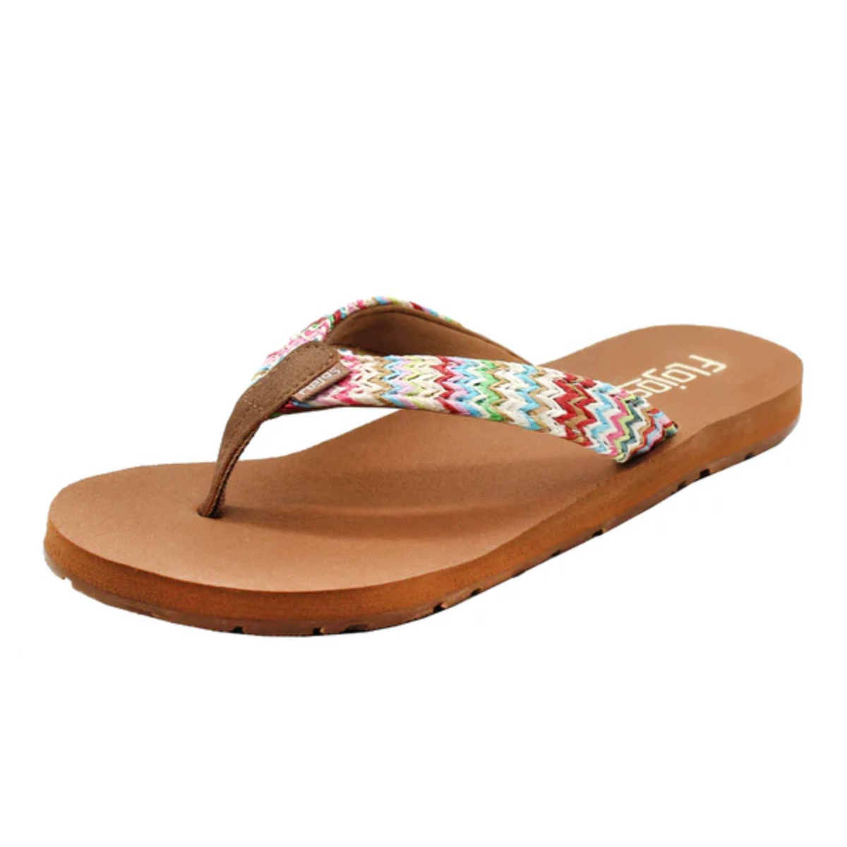 The Juno Weave Flip Flop in Multi by FLOJOS features a multicolored zigzag strap and tan sole, designed for ultimate comfort.