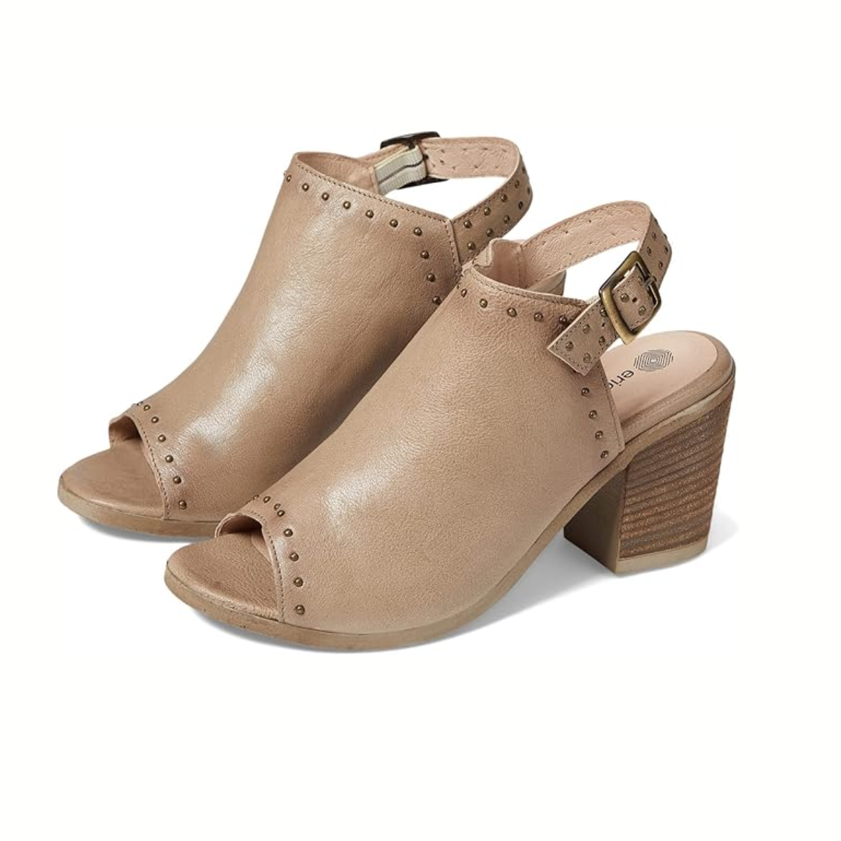 The Eric Michael Tabitha Peep Toe Leather Bootie in taupe features a comfortable heel, open toe, stud detailing, and an adjustable ankle strap with buckle closure.