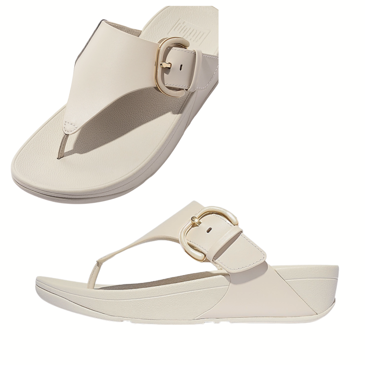 The Lulu Resin Buckle Flip Flop in Paris Beige by FITFLOP USA LLC features a thong strap design with a gold buckle, offering an ergonomic fit for ultimate comfort. Displayed from side and top views, these sandals incorporate Microwobbleboard midsoles for enhanced support.