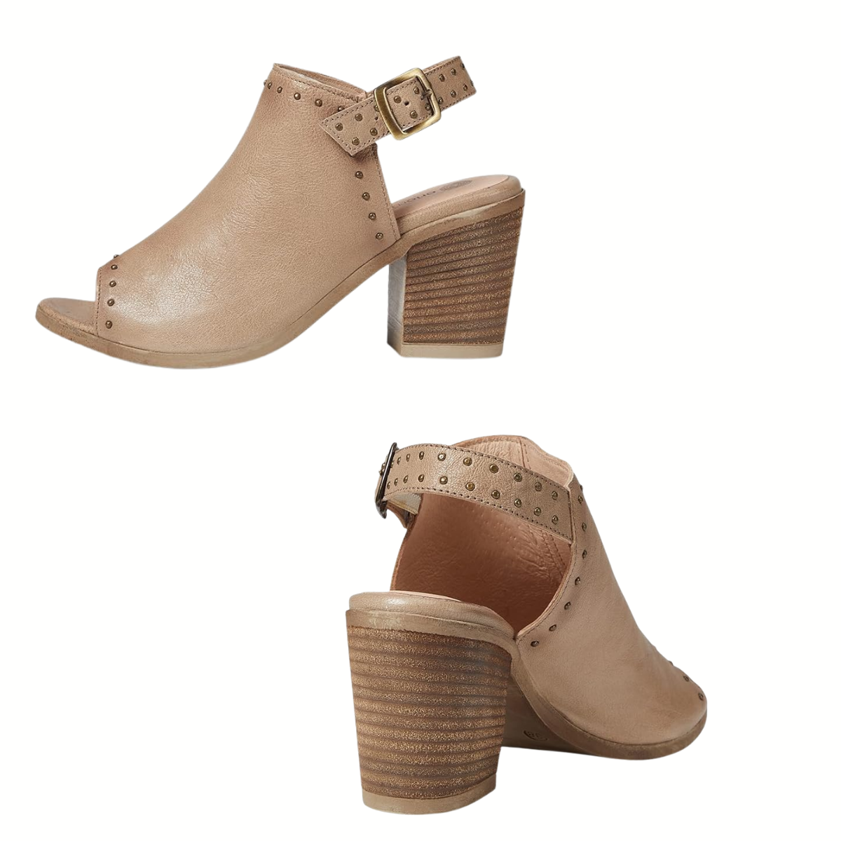 Two views of the Eric Michael Tabitha Peep Toe Leather Bootie in taupe are shown from the side and back, highlighting its open toe, buckle ankle strap, and stud detailing against a white background.