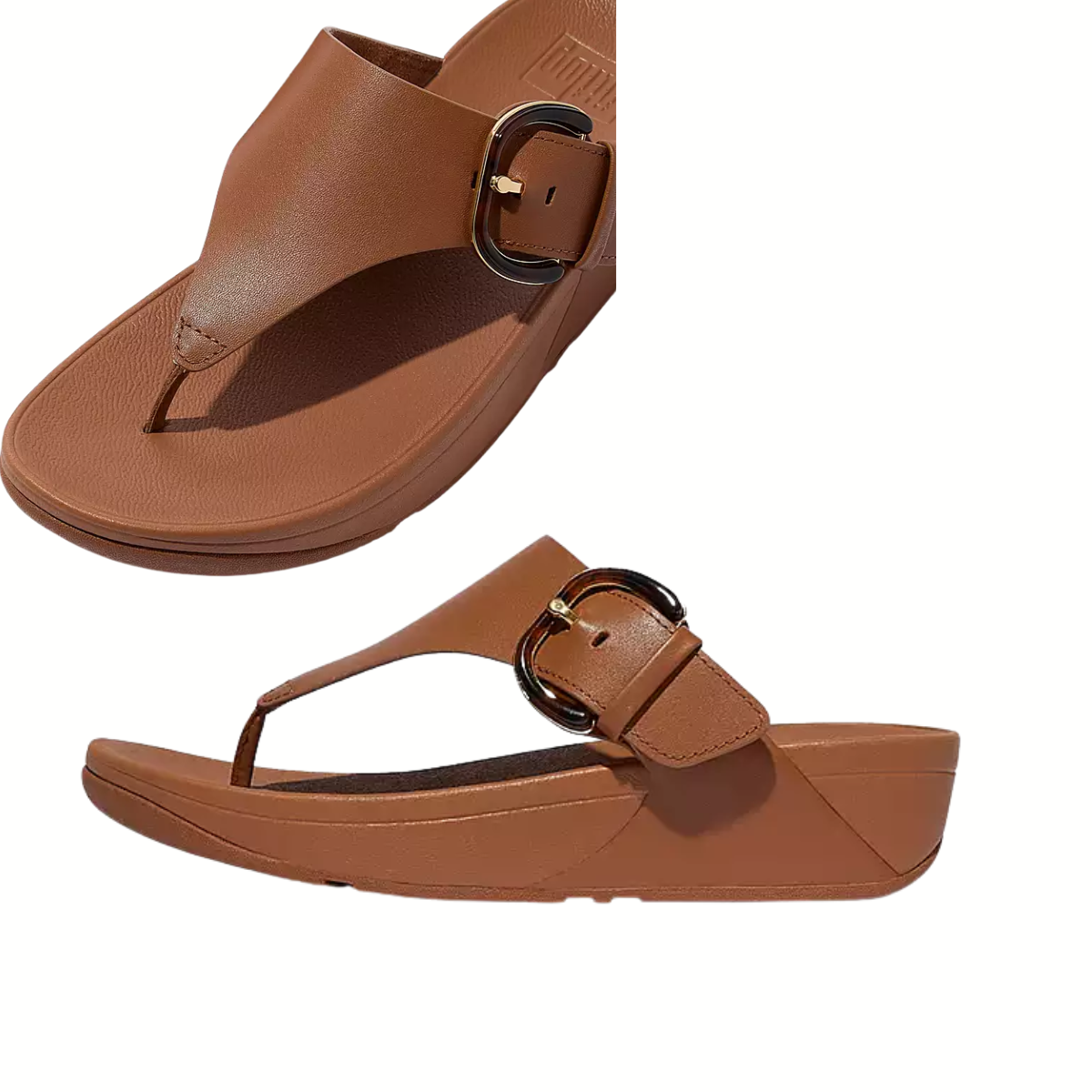 Discover the Lulu Resin Buckle Flip Flop in Deep Tan from FITFLOP USA LLC. These platform thong sandals offer an ergonomic design with a strap buckle, a textured footbed, and feature signature Microwobbleboard midsoles for ultimate comfort.