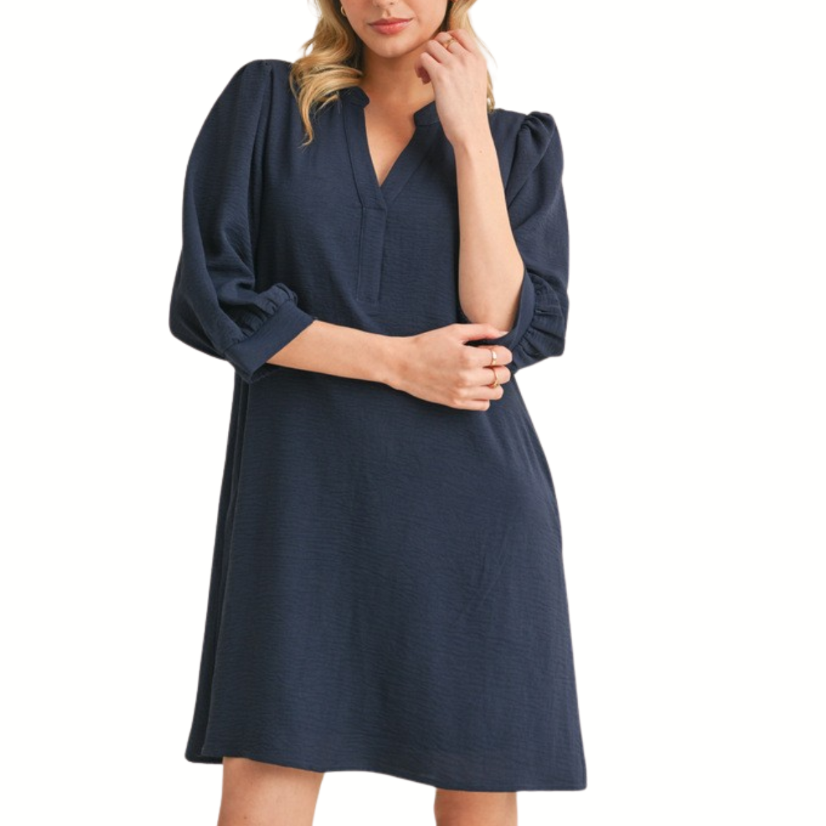 A woman models the FASHION GO Solid 3/4 Peasant Sleeves Dress in navy, featuring a split U-neck, knee-length, and loose fit, standing against a white background.