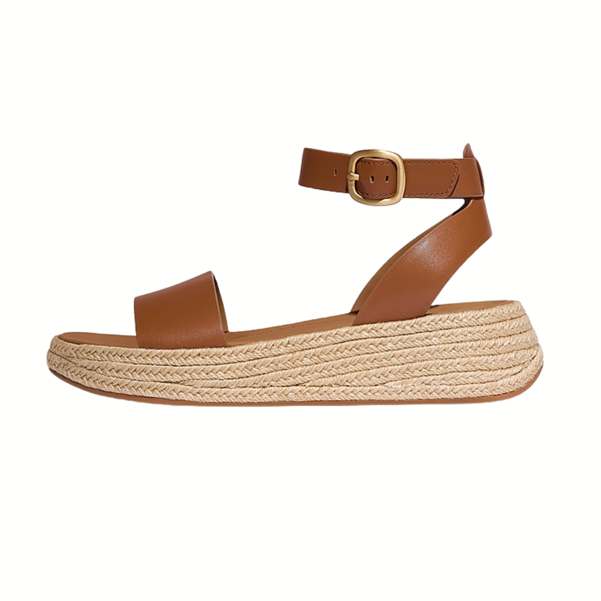 The F-MODE Espadrille Leather Flatform Ankle-Strap Sandals by FITFLOP USA LLC feature a brown platform with an espadrille sole, an ankle strap with a gold buckle, and offer a seamless blend of casual style and comfort for flatform sandal enthusiasts.