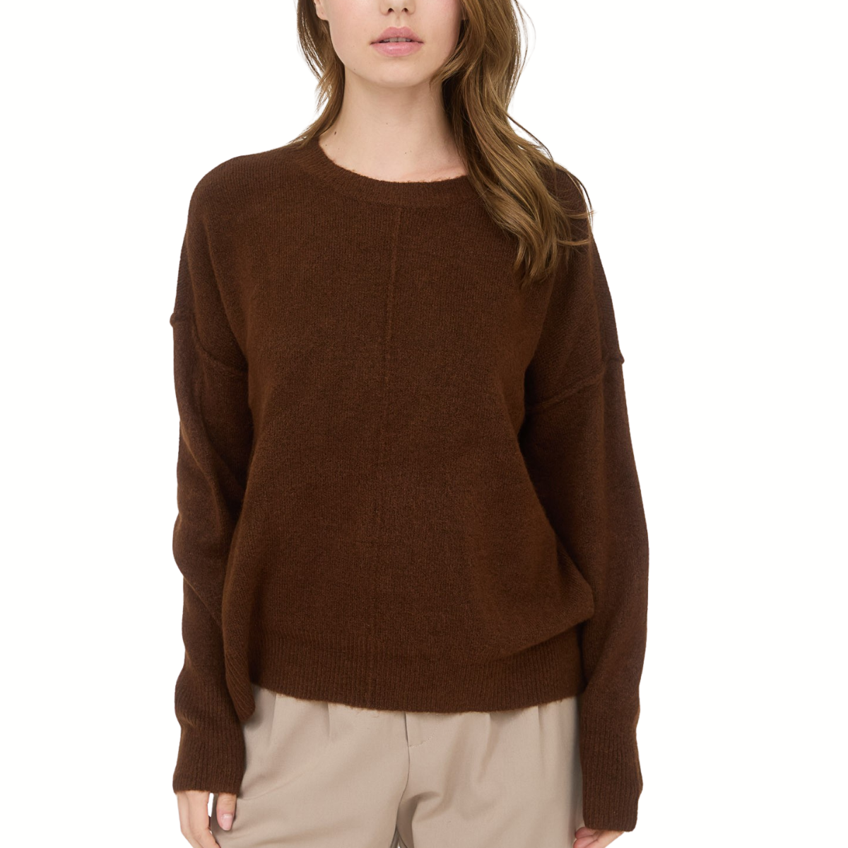 A woman stands against a white background wearing the FASHION GO Crewneck Lightweight Front Seam Sweater in brown with beige pants.