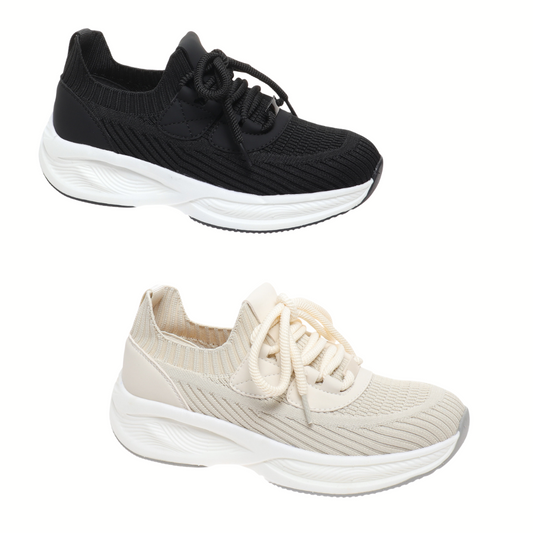 Two pairs of OLEM SHOE CORP Stride-1 Sneakers are shown—one black, one beige—each with white soles and thick laces, offering comfortable, casual style against a white background.