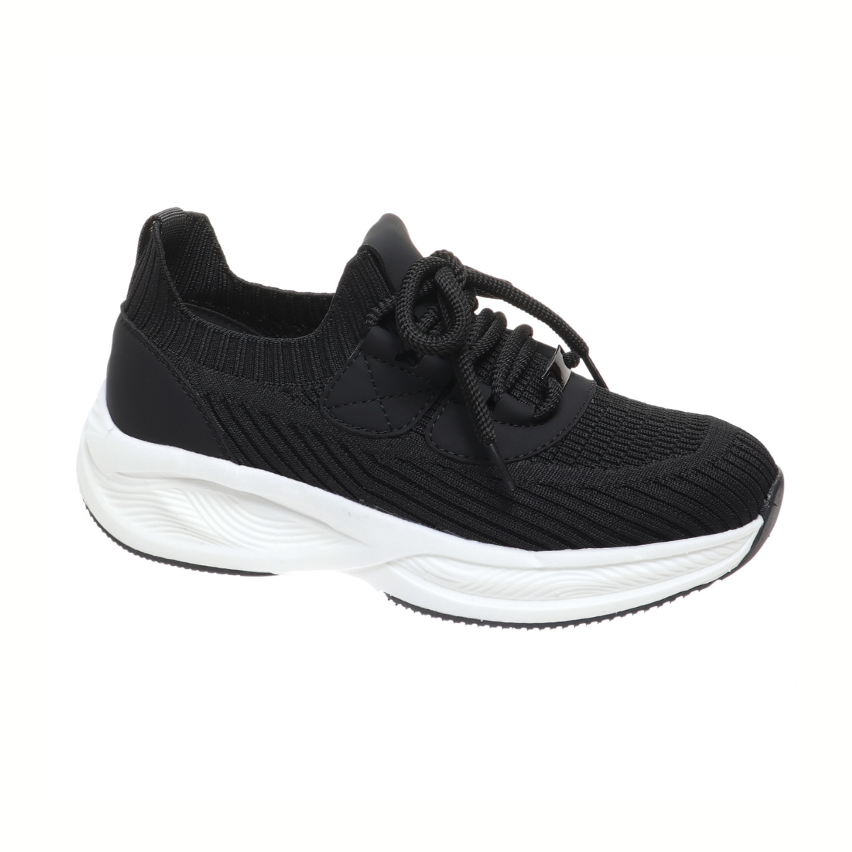 The OLEM SHOE CORP Stride-1 Sneaker is a black athletic shoe with a white sole, comfy knitted texture, and laces—ideal for casual wear—shown in a side view on a white background.