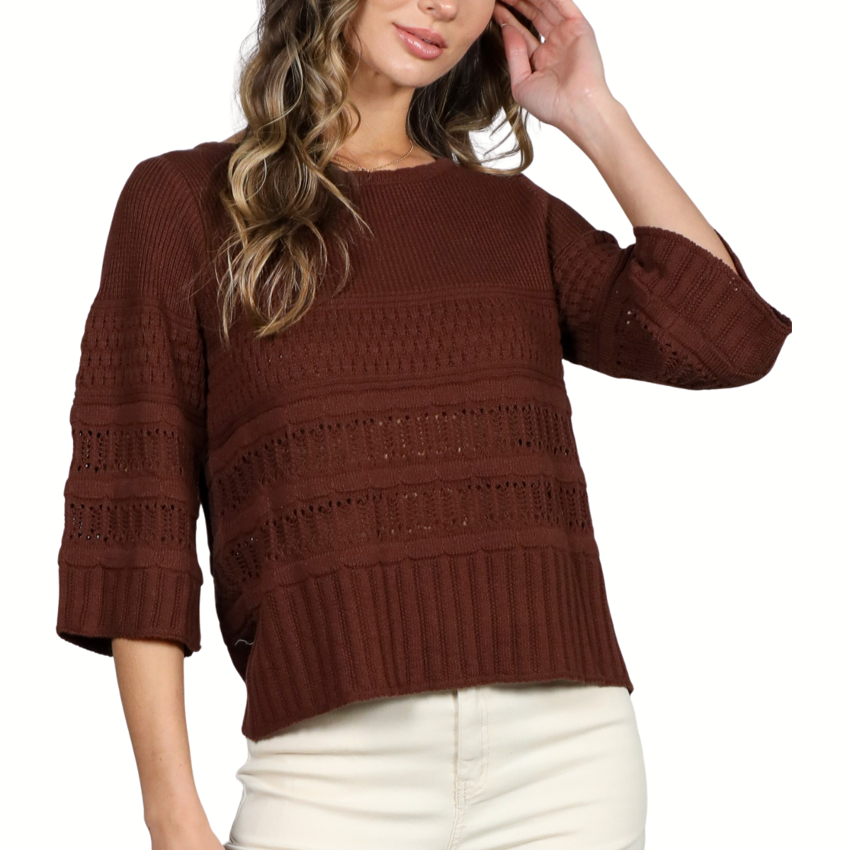 A woman models the Vine & Love 3/4 Sleeve Sweater in brown, styled in a relaxed fit with off-white pants, against a white background.