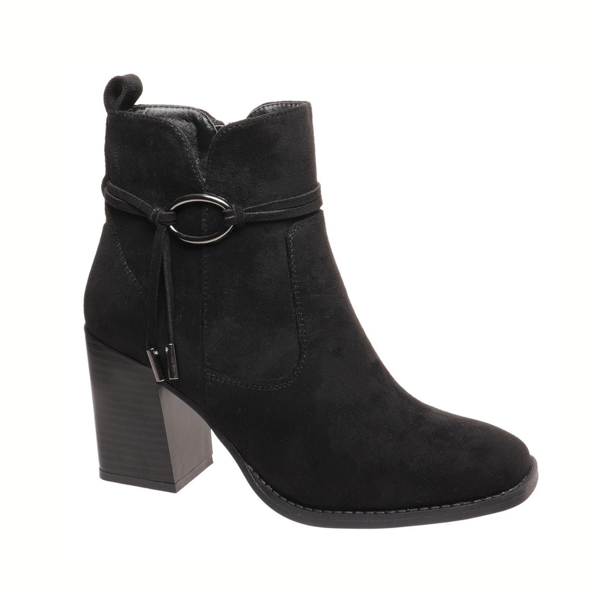 The Cammy-13 Block Heel Faux Suede Bootie by OLEM SHOE CORP features a black faux suede upper, stacked block heel, round toe, decorative strap with metal ring, and a back pull tab.