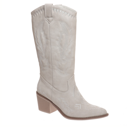 The Olem Whitney-3 Cowboy Boot in light gray features a pointed toe, decorative stitching, and a medium-high stacked heel.