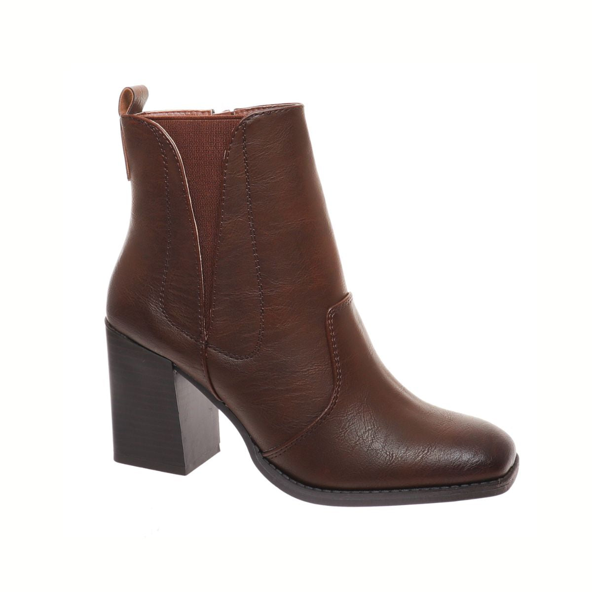 The OLEM SHOE CORP Cammy-16 Block Heel Ankle Bootie is a brown leather ankle boot featuring a block heel, side zipper, and back pull tab, displayed on a white background.