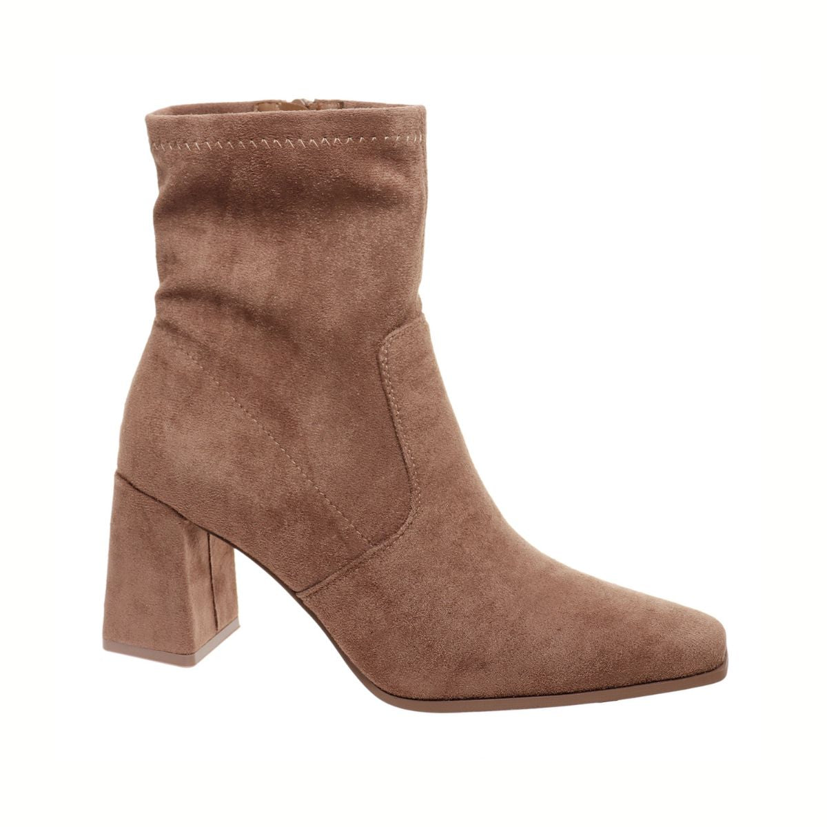 The OLEM SHOE CORP Cachet-1 Faux Suede Covered Block Heel Ankle Bootie in taupe features a slightly pointed toe and is shown in side profile against a white background.
