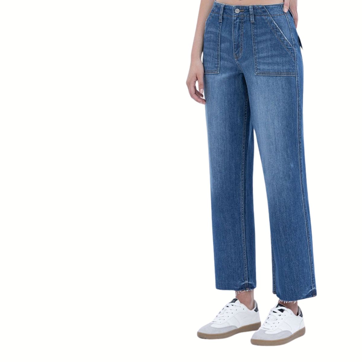 A person wears FASHION GO High Rise Crop Utility Straight Leg Jeans with front utility patch pockets and white sneakers against a white background, upper body partially out of frame.