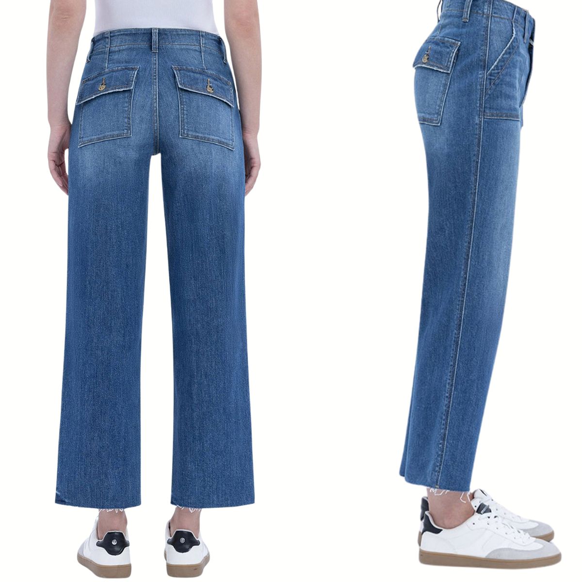 Two views of a person wearing FASHION GO High Rise Crop Utility Straight Leg Jeans with large back and side pockets, styled with a white shirt and sneakers, shown from the back and the side.