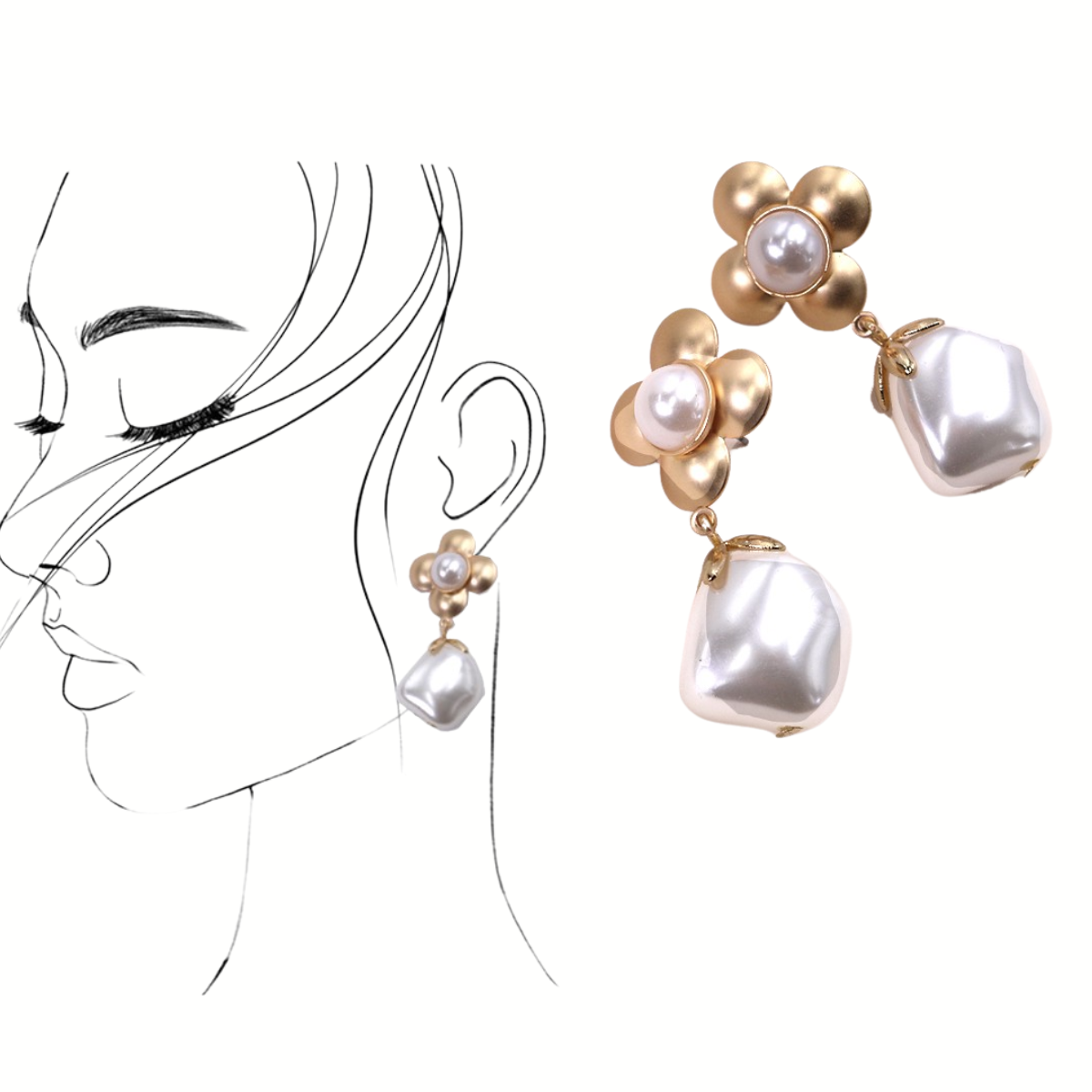 The Fashiongo Flower Pearl Drop Earring, featuring a gold floral design with pearl accents, is displayed beside a minimalist line drawing of a woman elegantly wearing the earring.