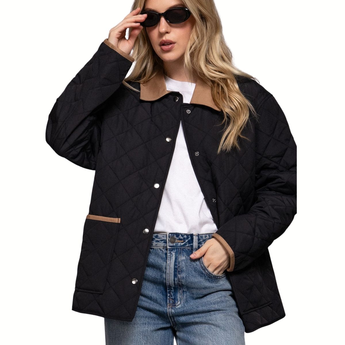 A woman models the FASHION GO Long Sleeve Puffer Jacket with Contrasting Collar, paired with blue jeans, a white shirt, and sunglasses against a white background.