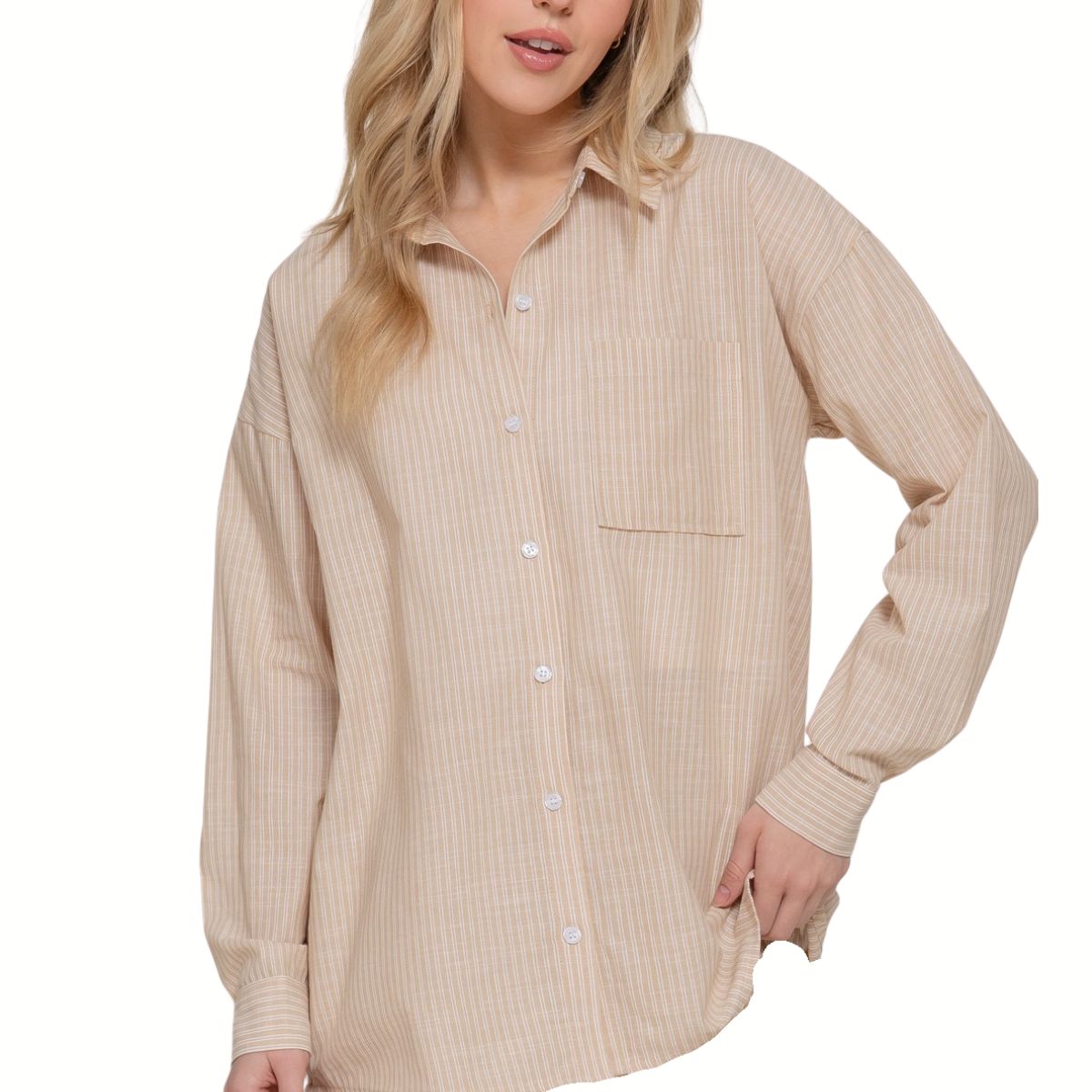 A woman wears the FASHION GO Cotton Long Sleeve Button Down, a loose-fitting beige shirt with subtle vertical stripes, standing against a white background.