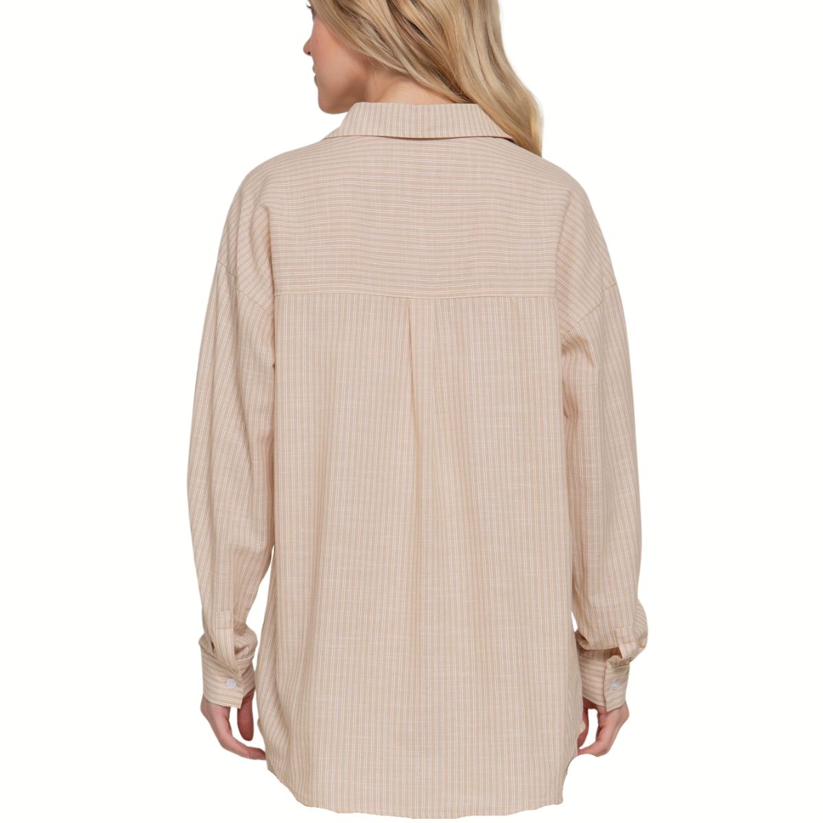 A person with long blonde hair is shown from behind wearing the FASHION GO Cotton Long Sleeve Button Down, a loose-fitting shirt in a beige plaid pattern.