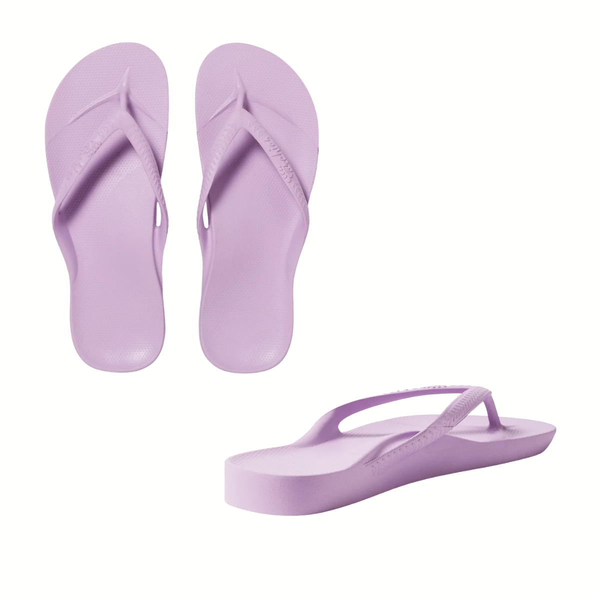The Archies Flip Flops in Lavender Lilac by ARCHIES are showcased with one top view and one side view, emphasizing their supportive arch design, along with the detailed sole and strap.