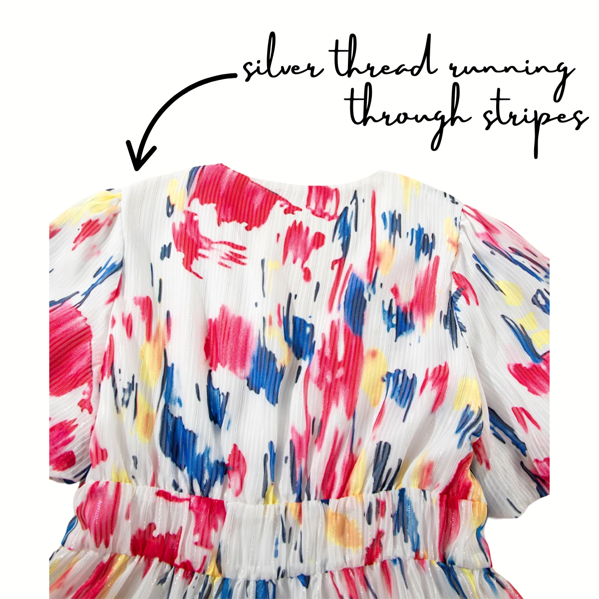 Close-up of Shewin’s Abstract Print Short Puff Sleeve Tiered Maxi Dress, showcasing red, blue, and yellow stripes on white fabric with puff sleeves and silver thread detailing in the textured material.