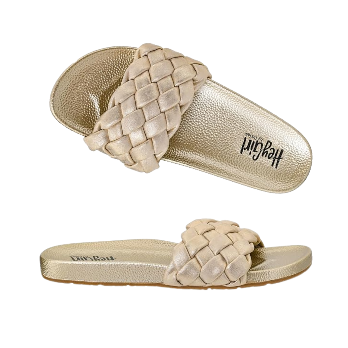 The CORKYS Extra Sandal in Washed Gold Metallic by CORKY'S FOOTWEAR INC features a woven wide strap and flat sole—ideal for sunny days. Shown from top and side views.
