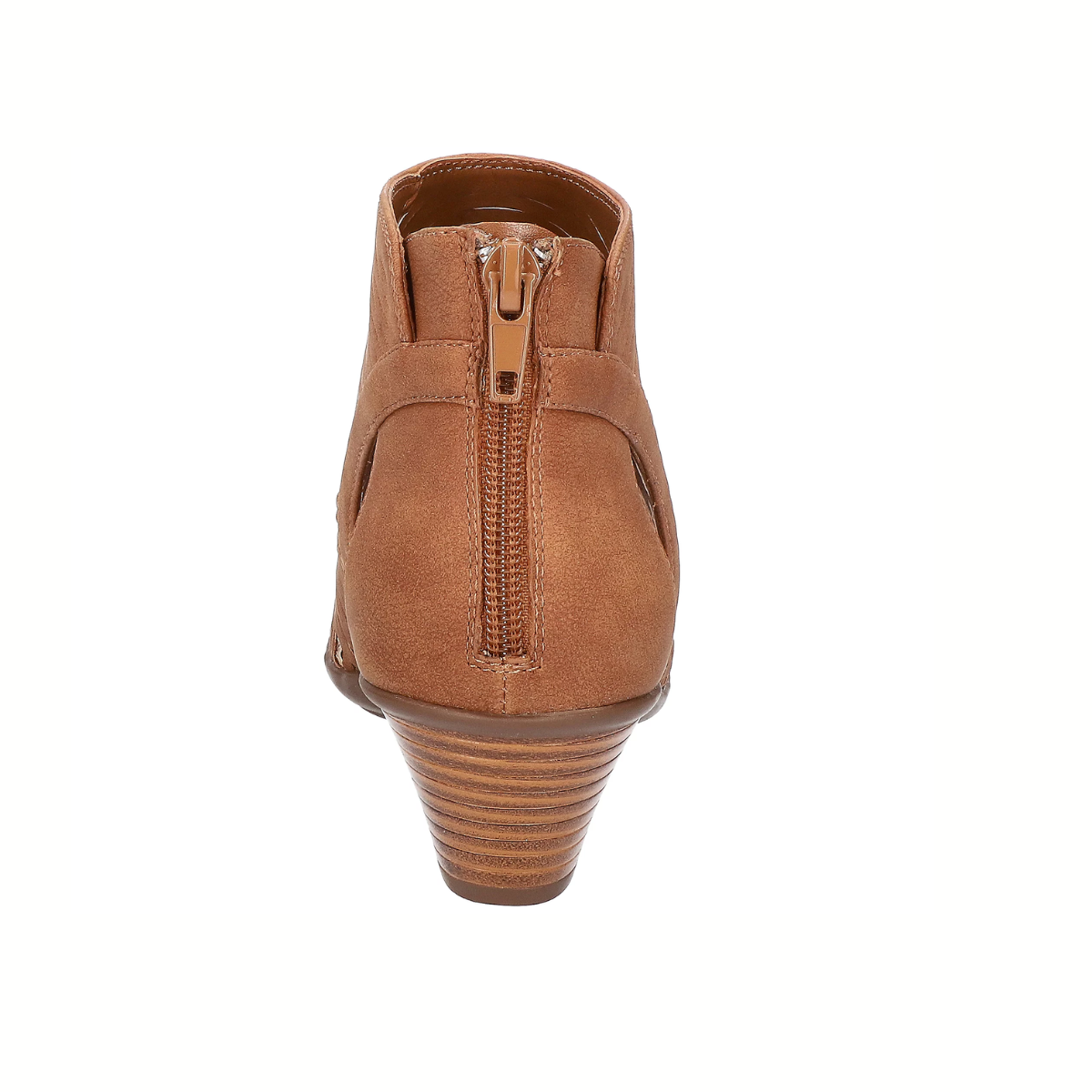 Rear view of the EASY STREET Sunrise Ankle Bootie in Tan, crafted in suede with a stacked heel and back zipper—ideal for those seeking stylish, comfortable booties.