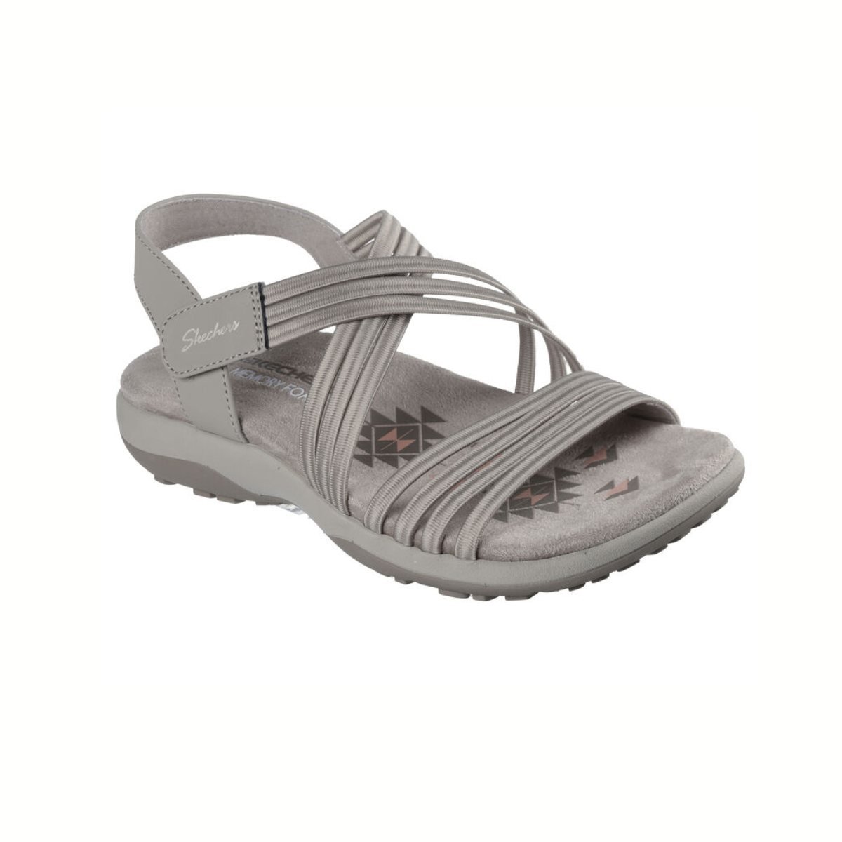 The Reggae Slim Coffee Run Sandal by SKECHERS in Taupe is crafted from vegan materials and features a cushioned footbed, a slingback design, and a textured sole for added comfort.