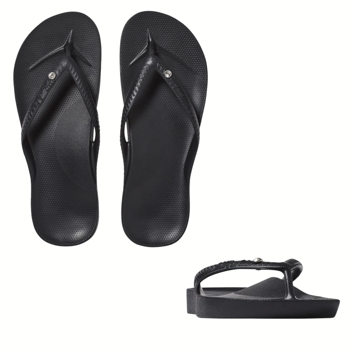 A top and side view of Archies Arch Support Flip Flops Crystal Black by ARCHIES FOOTWEAR LLC, featuring a black color, comfy textured straps and soles with arch support, set against a plain white background.
