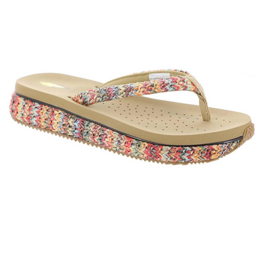 A colorful Palau Raffia Low flip-flop with a patterned midsole and an ultra comfort EVA insole footbed by Volatile - Rosenthal & Rosenthal.