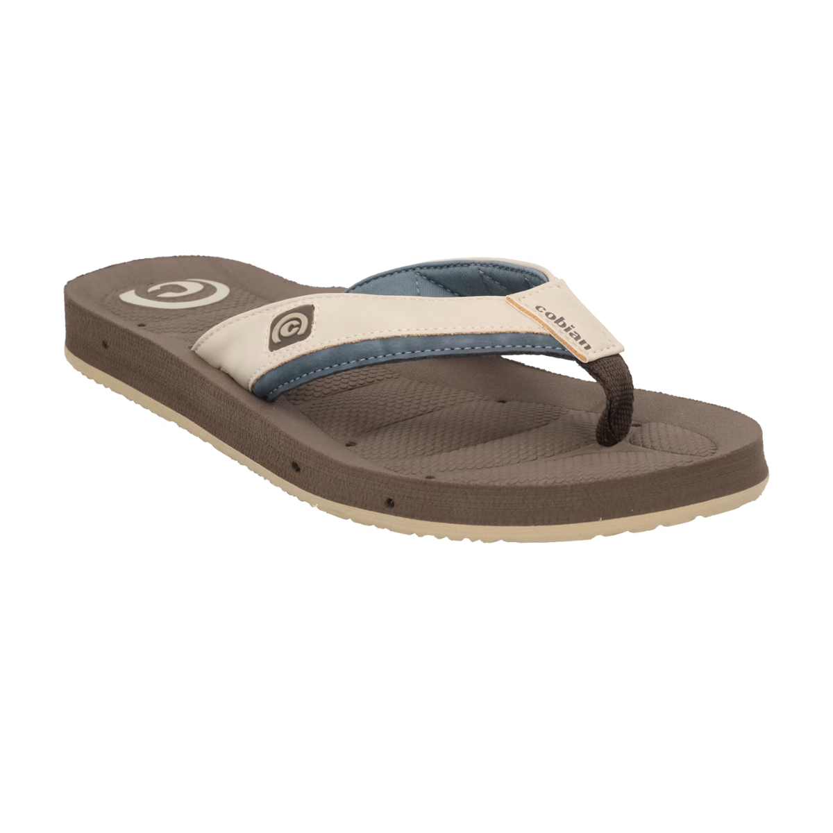 Sure, here's the revised sentence:
A Draino Men's flip-flop in Cream by Cobian with blue, white, and brown straps, featuring a textured footbed and COBIAN logo branding. This water-friendly design includes anatomical footbeds for enhanced comfort.