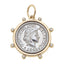 The Studded Coin Charm in Shiny Two Tone by Canvas Style features a gold-framed 1948 coin with a profile of a helmeted figure and Latin inscription, accented by decorative gold studs—an eye-catching vintage-inspired charm that brings timeless allure to any charm necklace.