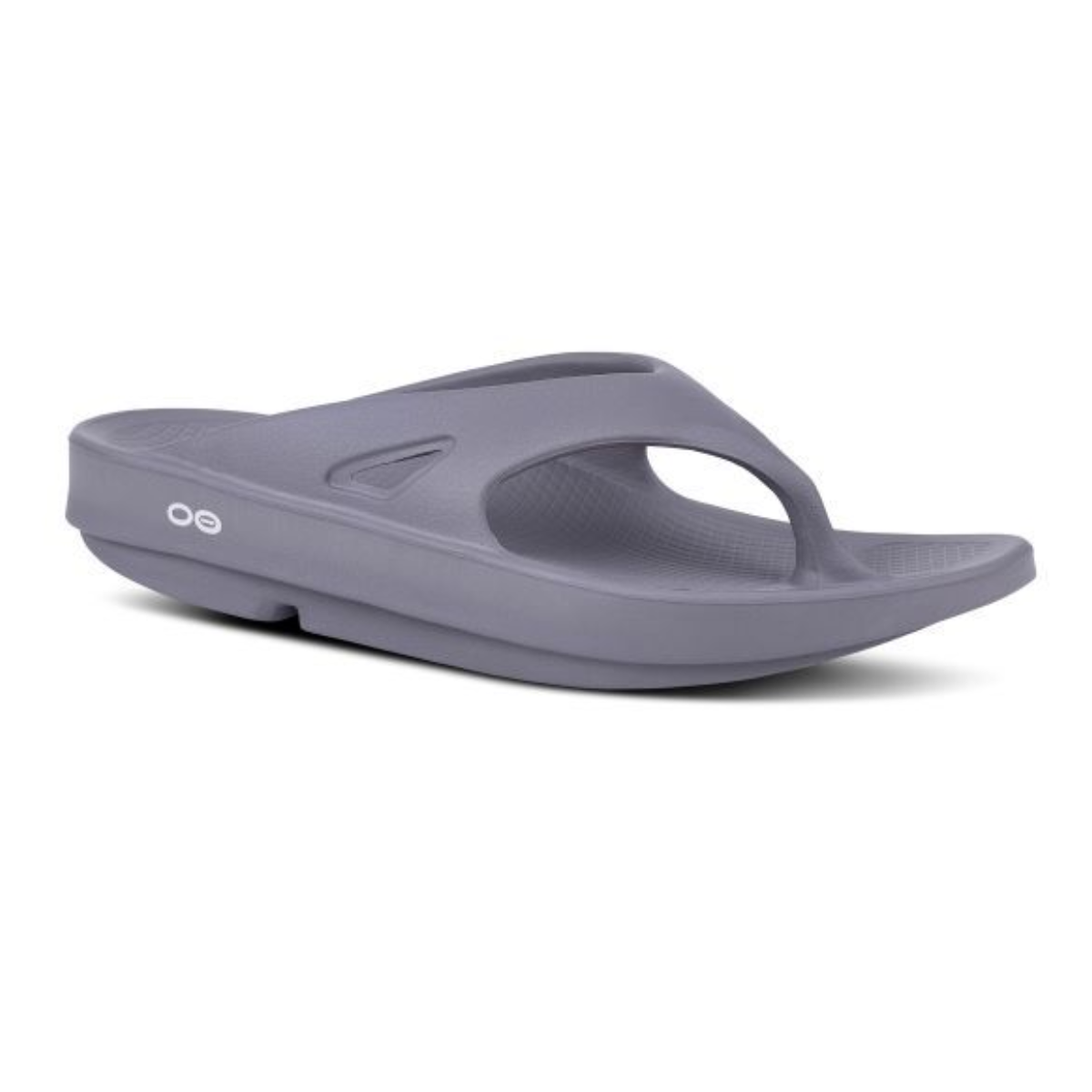 A gray Ooriginal Thong Sandal in Slate by Oofos with a toe strap and thick sole, designed for comfort. The OOFOS LLC brand logo is visible on the side.