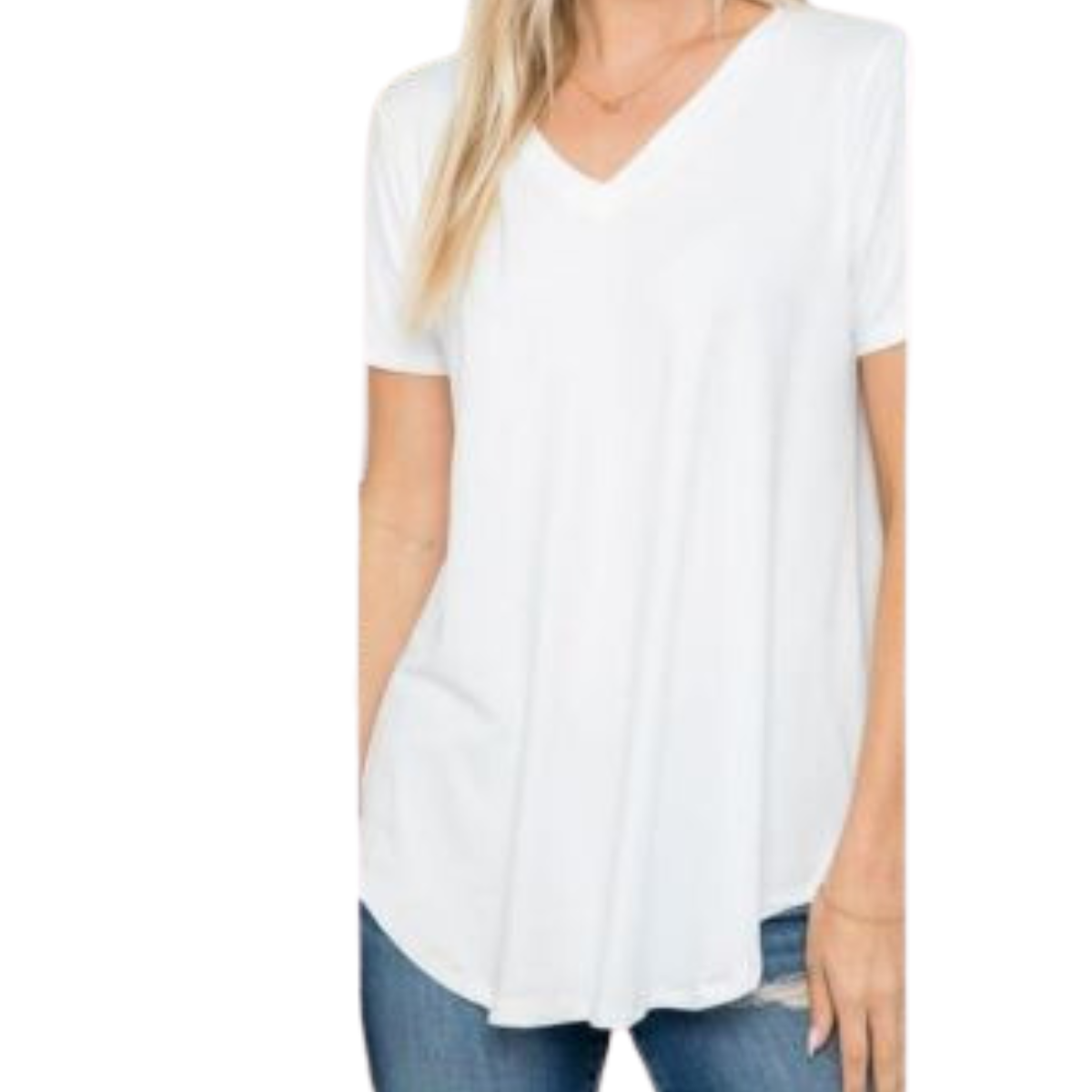 Person wearing a plain white V-neck **Butter Soft Solid Basic T** from **FASHION GO** and blue jeans. Only the torso and part of the legs are visible.
