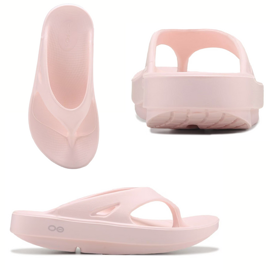 Three views of a lightweight, pink Ooriginal Oofos Flip Flop in Blush FLIP FLIP: top, side, and back perspective by OOFOS LLC.