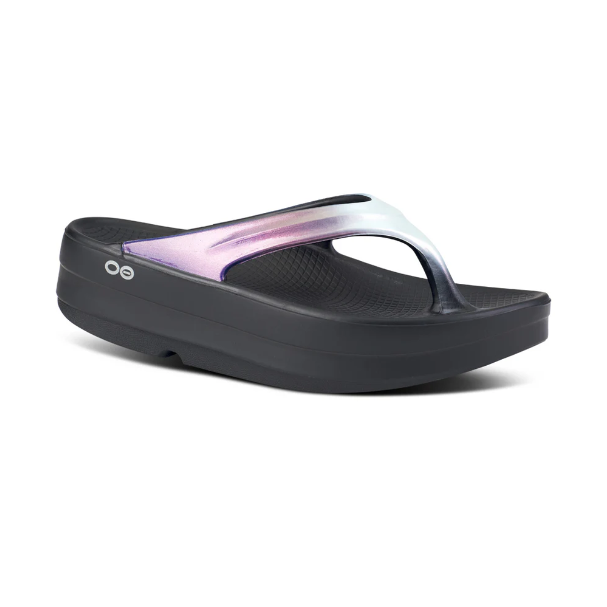 Black platform flip-flop with a shiny purple strap, featuring OOfoam™ technology, isolated on a white background. - Oomega Oolala Luxe Platform flip flop sandal in Calypso by OOFOS LLC
