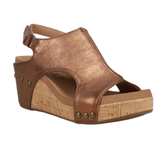 Carley in Antique Bronze Sandal by CORKY'S FOOTWEAR INC with cork platform and ankle strap.