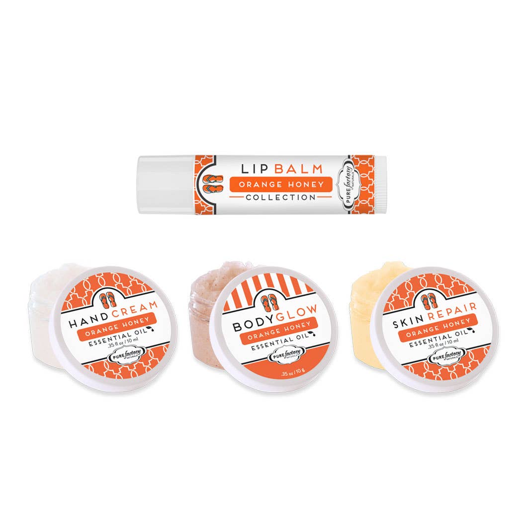 Explore PUREfactory Naturals' The Works Travel Size Skin Care Favorites in Orange Honey with Orange Essential Oil, offering a nourishing lip balm, rejuvenating hand cream, signature Body Glow, and potent skin repair items to revitalize and enhance your natural radiance.
