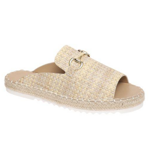Cordell in Natural Combo Sandal with gold hardware trim buckle on a white background. By OLEM SHOE CORP.