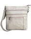 Roma Leathers, Inc. Cowhide leather crossbody bag with adjustable strap features light gray leather, two front zippered pockets, and is displayed against a white background.